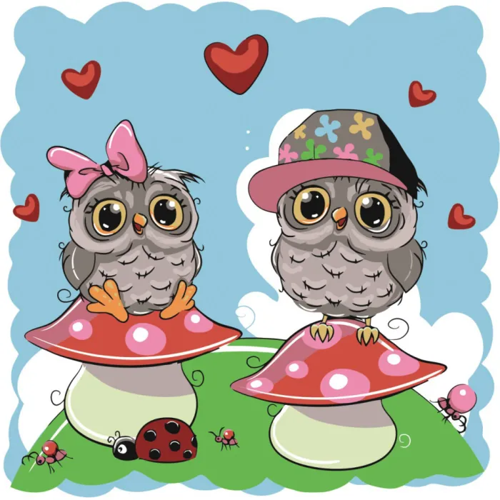 Картина за номерами Strateg ПРЕМІУМ Совенята з лаком розміром 30x30см ES090