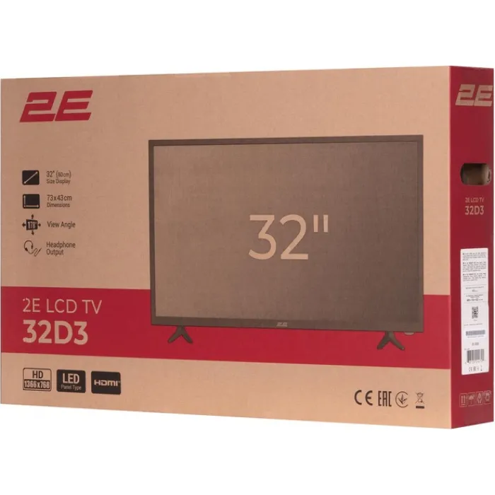 Телевізор 32" 2E LED HD 60Hz Black 2E-32D3
