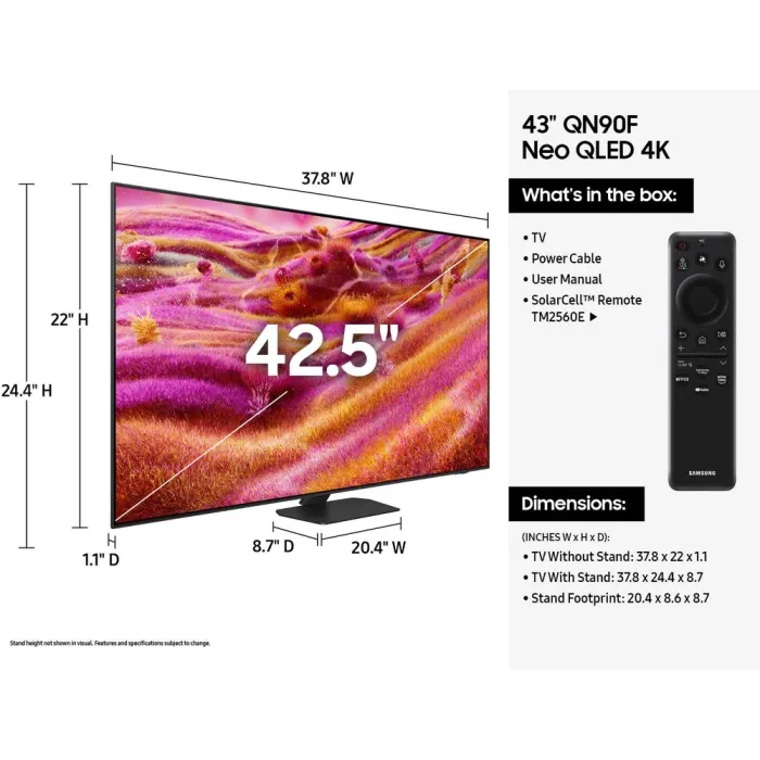 Телевізор 43" Samsung NeoQLED 4K 120Hz (Up to 165Hz) Smart Tizen Black QE43QN90FAUXUA