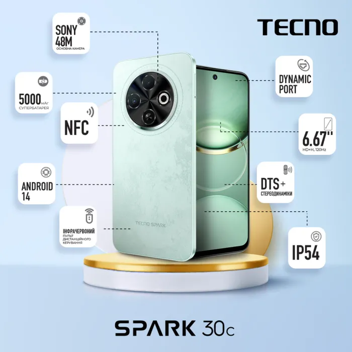Смартфон TECNO Spark 30C (KL5n) 6.67" 6/128ГБ, 2SIM, 5000мА•год, Magic Skeen Green 4894947051814
