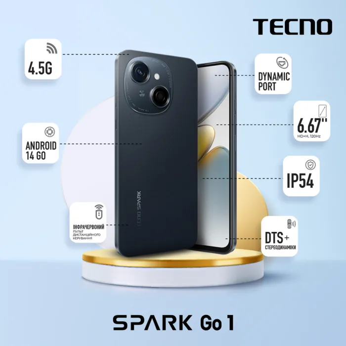 Смартфон TECNO Spark Go 1 (KL4) 6.67" 3/64ГБ, 2SIM, 5000мА•год, Startrail Black 4894947036422