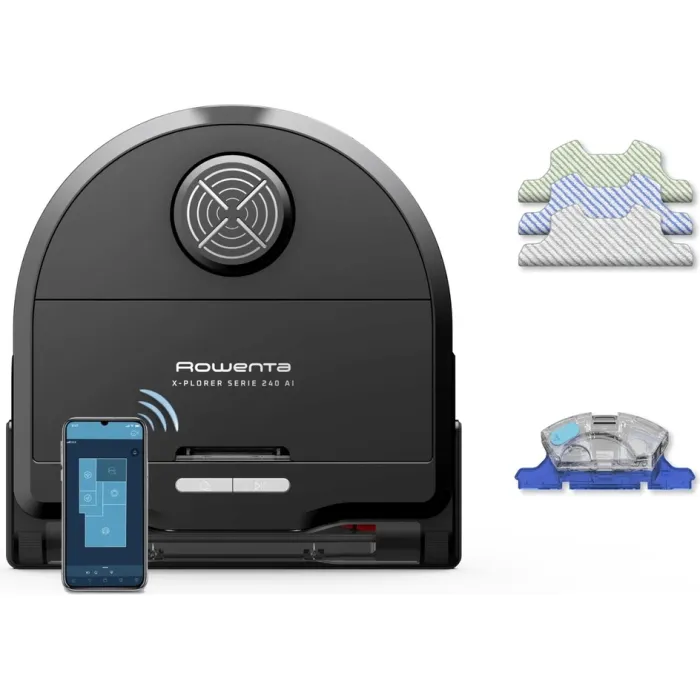 Робот-пилосос Rowenta миючий X-Plorer Serie 240 AI Animal & Allergy Model, 8000ПаВт, h=9.8см, 0.22л, конт пил -0.22л, автон. робота до 120хв, чорний RR9675WH