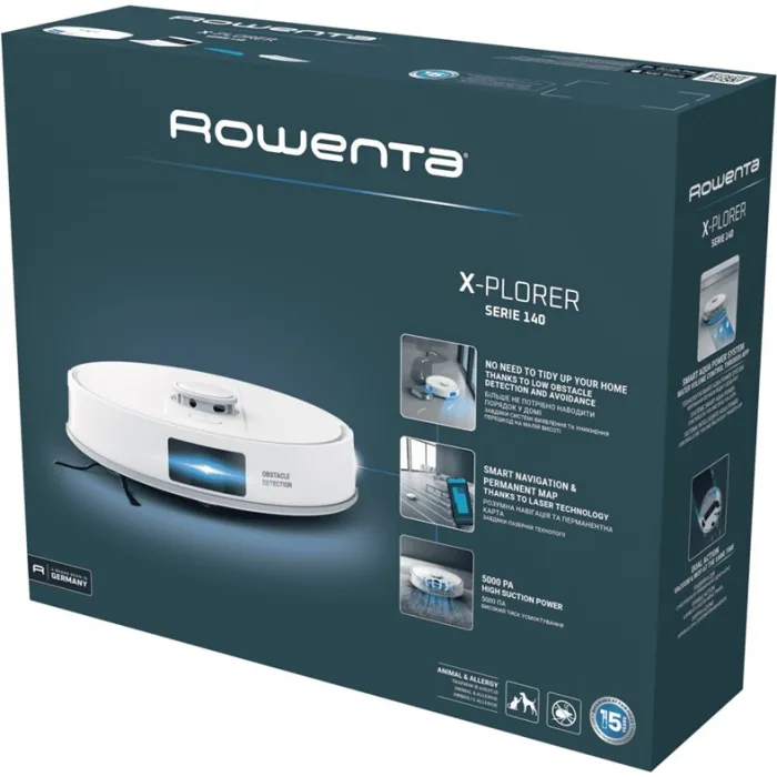 Робот-пилосос Rowenta миючий X-Plorer Serie 140 Total Care, 5000ПаВт, h=9.5см, 0.32л, конт пил -0.35л, вода - вологе прибирання, автон. робота до 120хв, білий RR9177WH