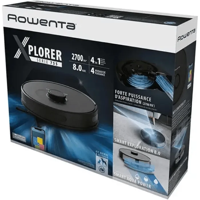 Робот-пилосос Rowenta X-Plorer Serie 75 S, h=9.5см, вологе прибирання, конт пил -0.4л, вода -0.3л, автон. робота до 120хв, НЕРА, управління через смартфон, чорний RR8575WH