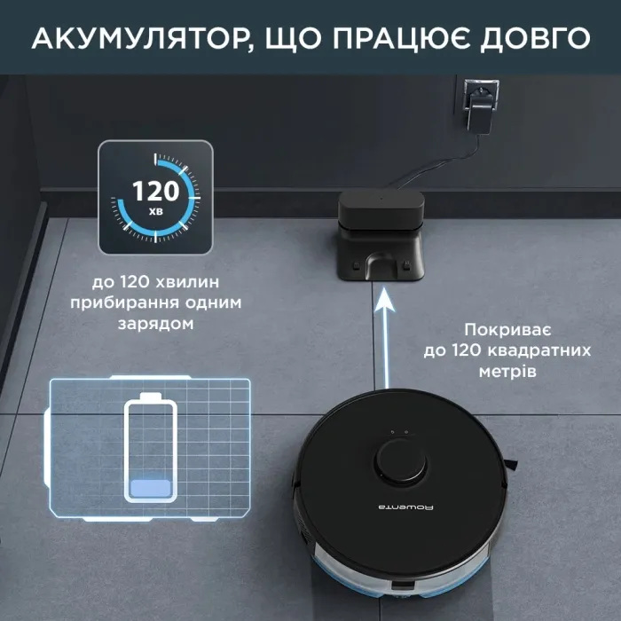 Робот-пилосос Rowenta X-Plorer Serie 75 S, h=9.5см, вологе прибирання, конт пил -0.4л, вода -0.3л, автон. робота до 120хв, НЕРА, управління через смартфон, чорний RR8575WH