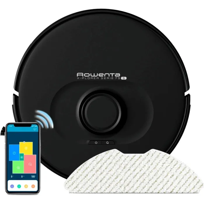 Робот-пилосос Rowenta X-Plorer Serie 75 S, h=9.5см, вологе прибирання, конт пил -0.4л, вода -0.3л, автон. робота до 120хв, НЕРА, управління через смартфон, чорний RR8575WH