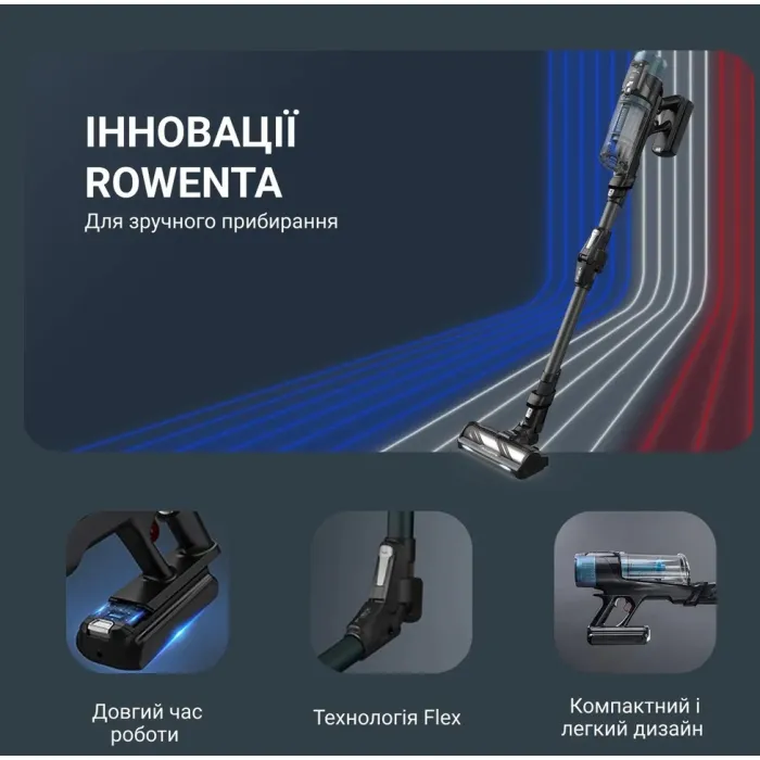 Пилосос Rowenta безпровідний X-Force Flex 14.80 Animal Aqua, 240Вт, вологе прибирання, конт пил -0.65л, автон. робота до 90хв, HEF system 99,9%, чорно-синій RH9BC1WO