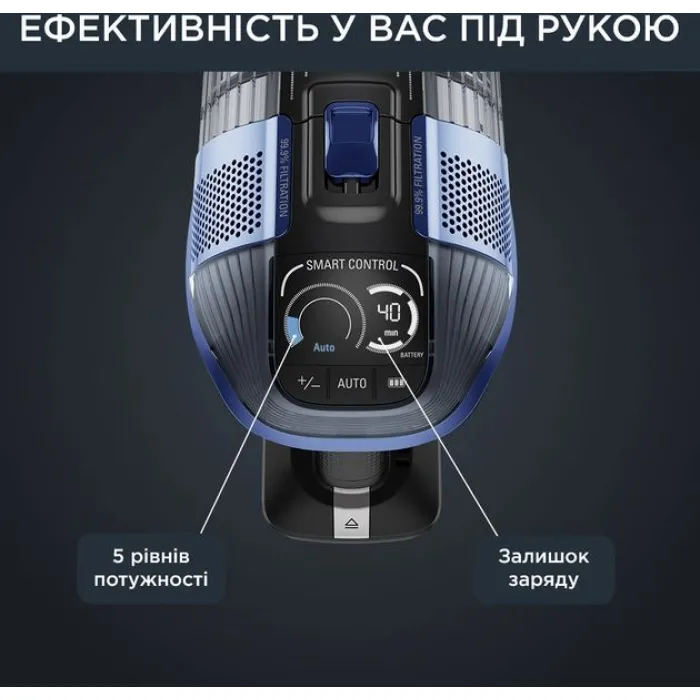 Пилосос Rowenta безпровідний Xforce Flex 14.60 Aqua, 200Вт, вологе прибирання, конт пил -0.9л, автон. робота до 70хв, НЕРА, чорно-синій RH99C0WO