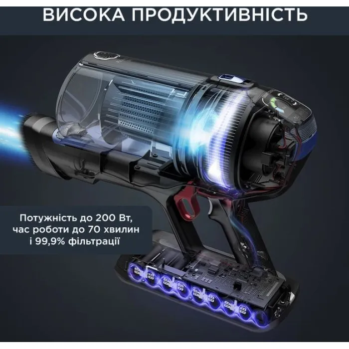 Пилосос Rowenta безпровідний Xforce Flex 14.60 Aqua, 200Вт, вологе прибирання, конт пил -0.9л, автон. робота до 70хв, НЕРА, чорно-синій RH99C0WO