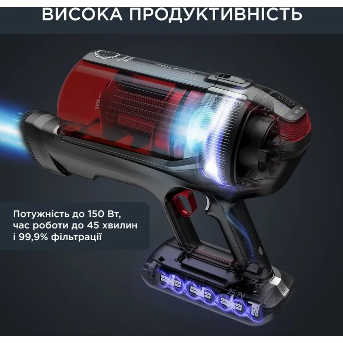 Пилосос Rowenta безпровідний X-Force Flex 12.60 Auto Animal, 320Вт, конт пил -0.9л, автон. робота до 45хв, вага-3кг, НЕРА, чорно-червоний RH98A9WO