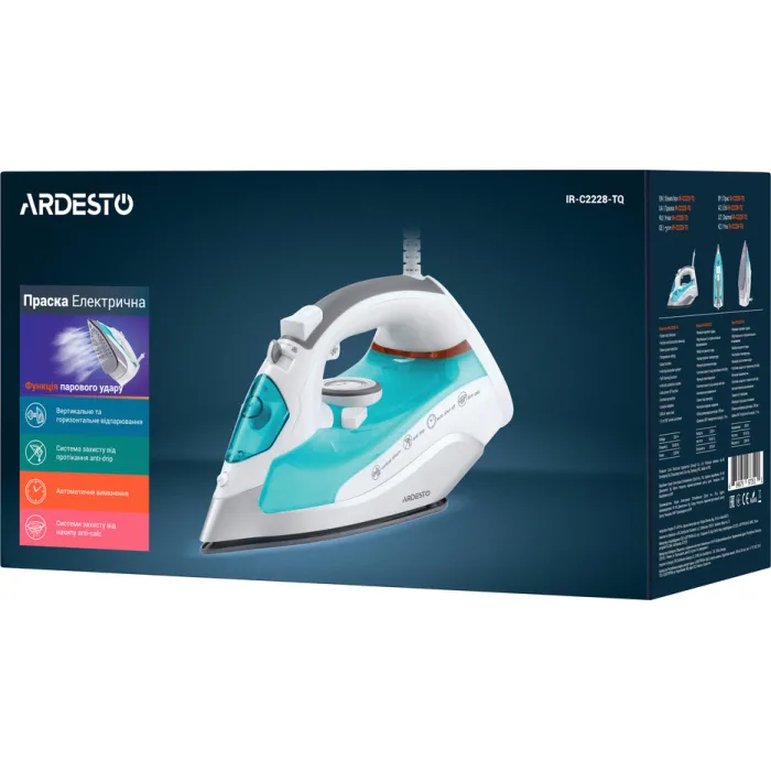 Праска Ardesto IR-C2228-TQ, 2200Вт, 280мл, паровий удар-100гр, керам. підошва, голубий