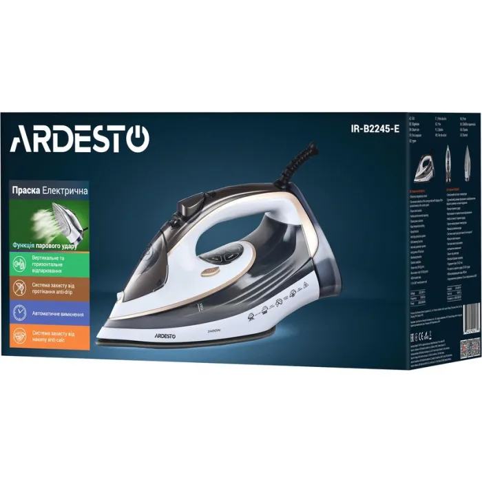 Праска Ardesto IR-B2245-E, 2400Вт, 400мл, паровий удар, електр. керування, керам. підошва, біло-сірий