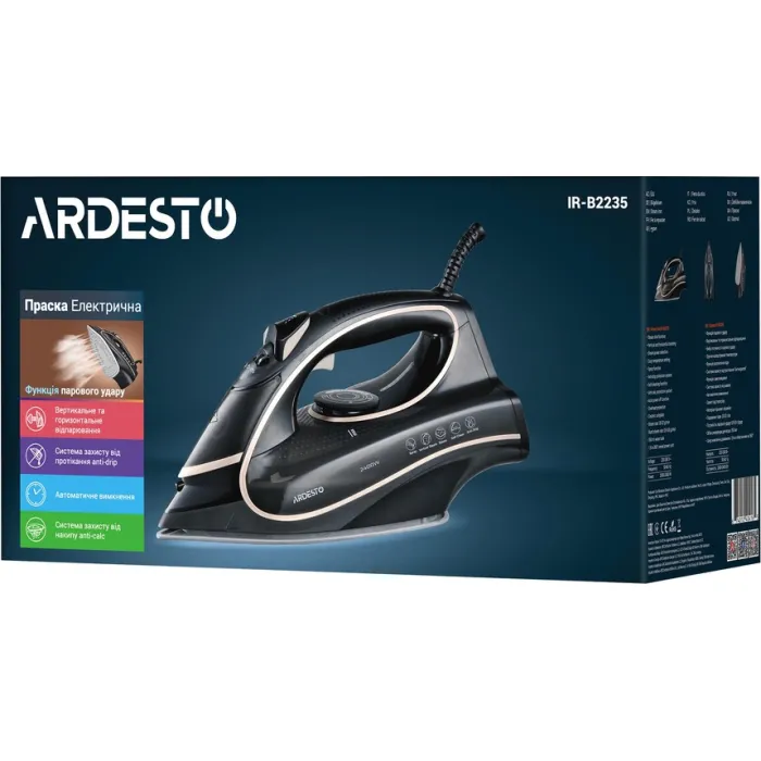 Праска Ardesto IR-B2235, 2400Вт, 450мл, паровий удар-120гр, керам. підошва, чорно-золотий