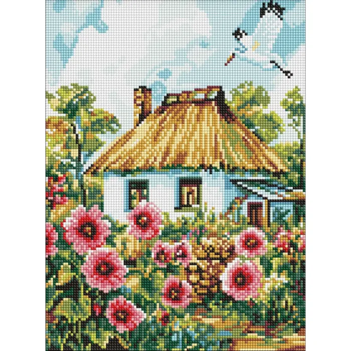 Алмазна мозаїка Мальви біля хати ©art_selena_ua AMO8266, 30x40 см