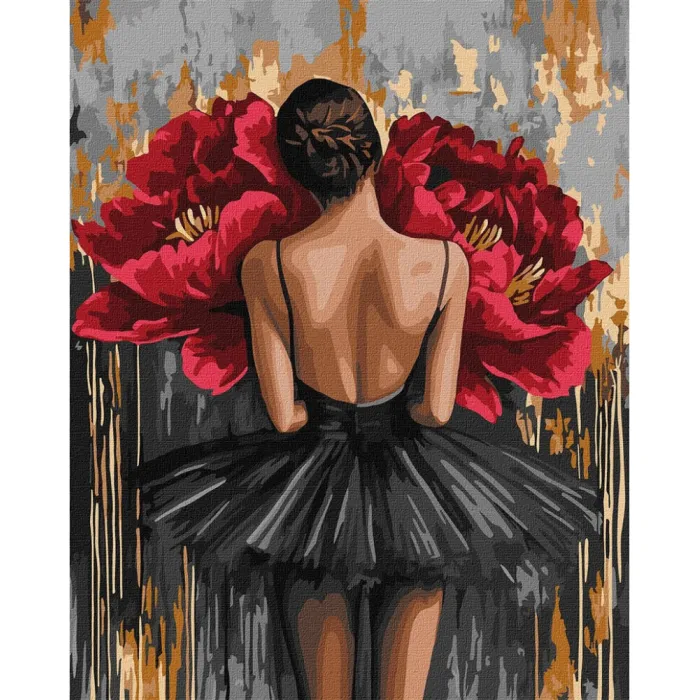 Картина за номерами Балерина з червоними півоніями з фарбами металік ©art_selena_ua KHO8664, 40x50 см