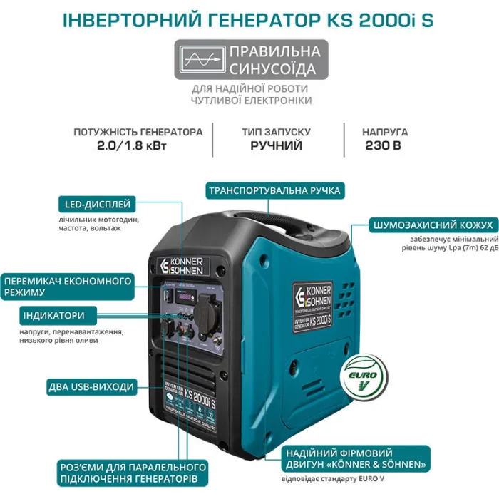 Генератор бензиновий інверторний Konner&Sohnen KS 2000i S, 230В, 2.0кВт, ручний стартер, 19кг