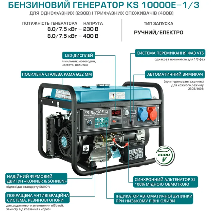 Генератор бензиновий Konner&Sohnen KS 10000E 1/3, 230/400В, 8.0кВт, 34.78/14.45А, електростартер, 88кг