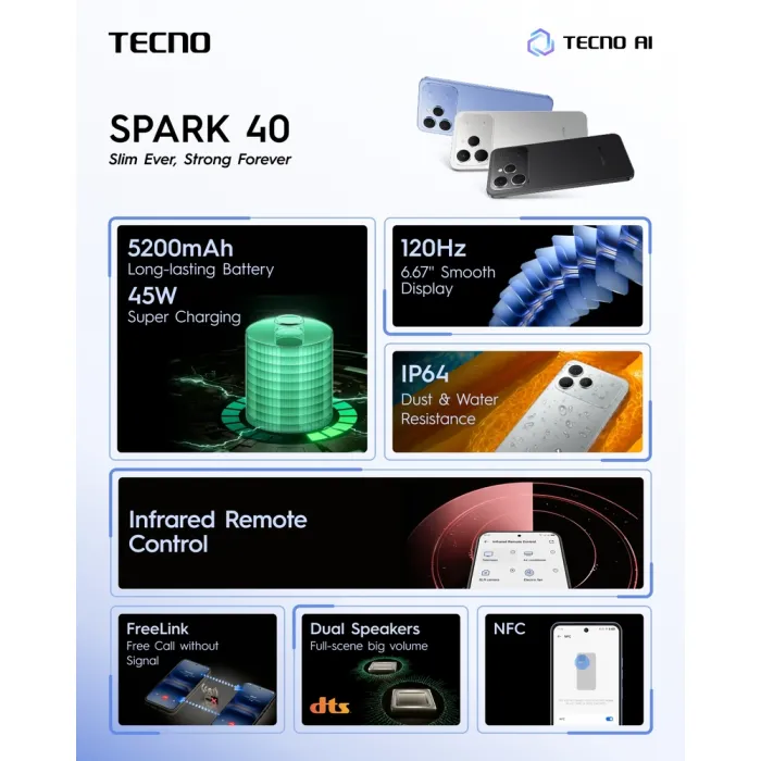 Смартфон TECNO Spark 40 (KM5n) 6.67" 8/256ГБ, 2SIM, 5200мА•год, Mirage Blue