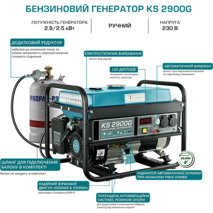 Генератор газобензиновий Konner&Sohnen KS 2900G, 230В, 2.9кВт, ручний стартер, 43кг