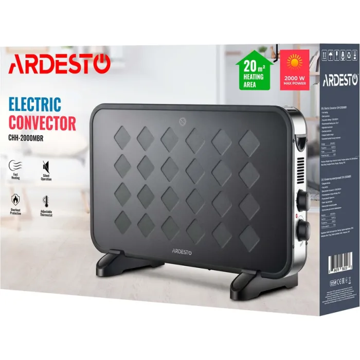 Конвектор ARDESTO, 20м2, 2000Вт, мех. упр-ння, відкритий нагрів. елемент, чорний