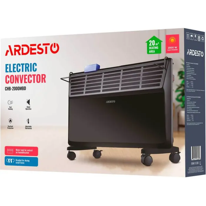 Конвектор ARDESTO, 20м2, 2000Вт, мех. упр-ння, відкритий нагрів. елемент, сушка, чорний