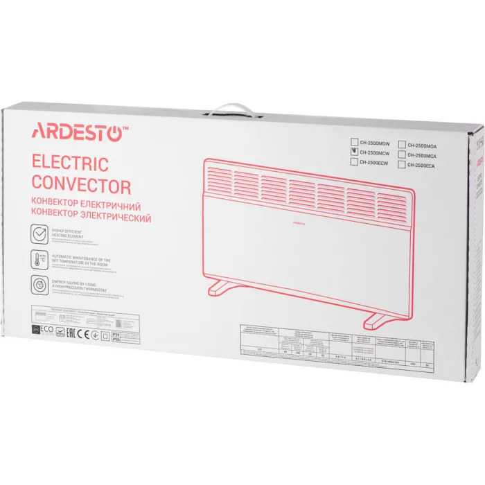Конвектор електричний ARDESTO CH-2500MCW, 2500 Вт, 25 м2, закритий нагрів. елемент, IP24, мех. керування, білий