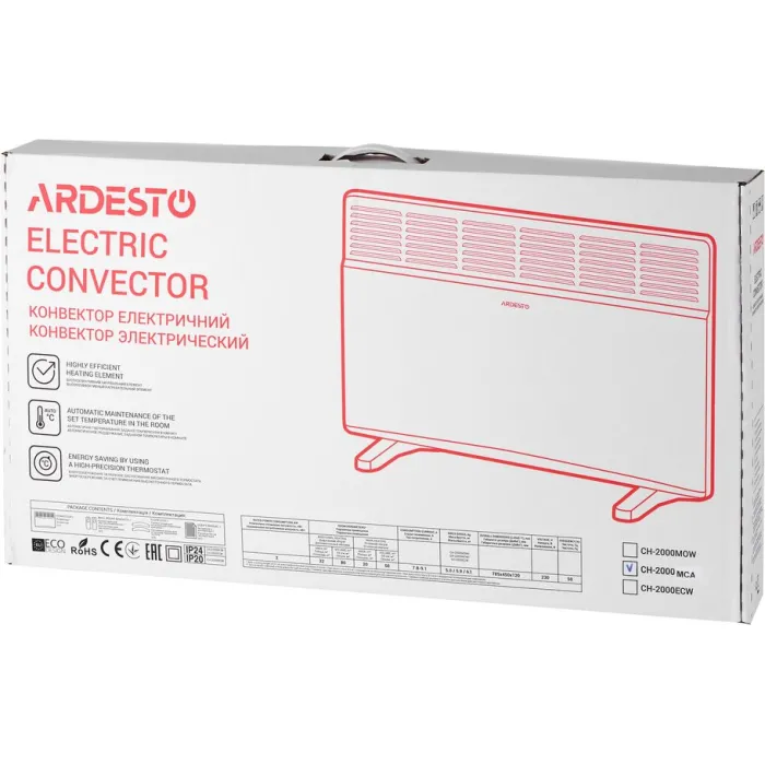 Конвектор електричний ARDESTO CH-2000MCA, 2000 Вт, 20 м2, закритий нагрів. елемент, IP24, мех. керування, антрацит матовий