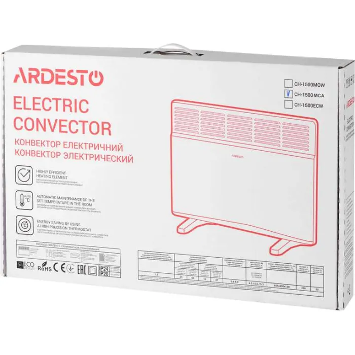 Конвектор електричний ARDESTO CH-1500MCA, 1500 Вт, 15 м2, закритий нагрів. елемент, IP24, мех. керування, антрацит матовий