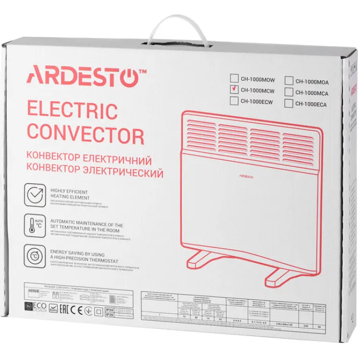 Конвектор електричний ARDESTO CH-1000MCW, 1000 Вт, 10 м2, закритий нагрів. елемент, IP24, мех. керування, білий
