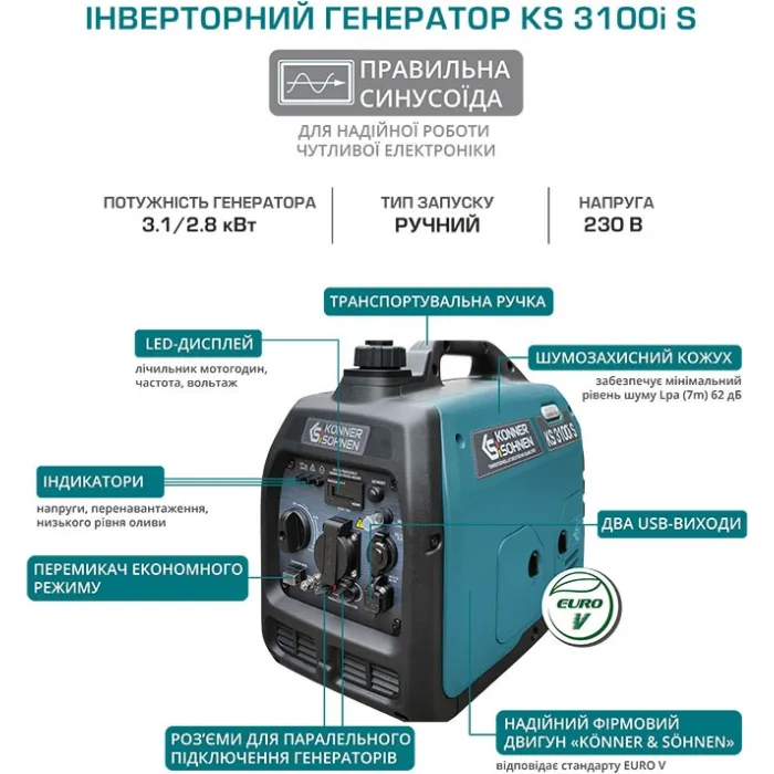 Генератор бензиновий інверторний Konner&Sohnen KS 3100i S, 230В, 3.1кВт, ручний стартер, 21.5кг