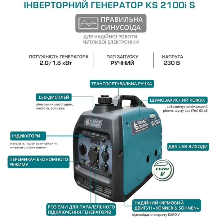 Генератор бензиновий інверторний Konner&Sohnen KS 2100IS, 230В, 2.0кВт, ручний стартер, 18.5кг