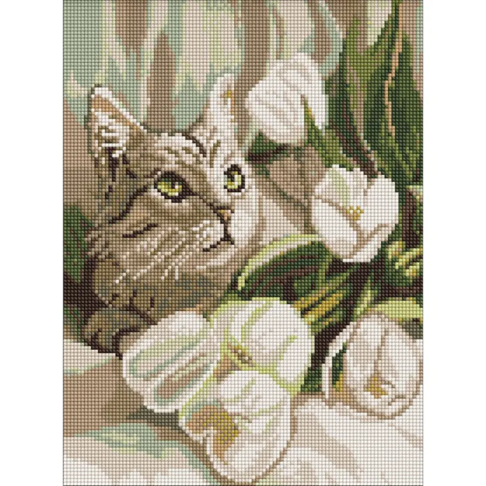 Алмазна мозаїка Зеленоокий кіт з тюльпанами AMO20099, 30x40 см